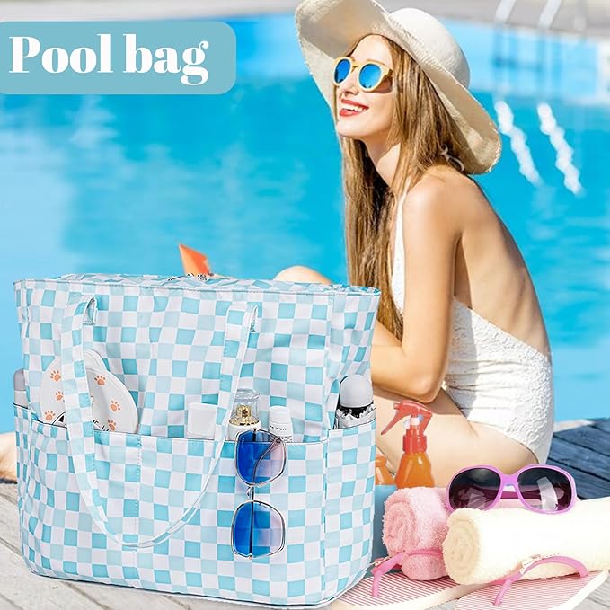 LEDAOU Large Beach Tote Bag Women Waterproof Sandproof Zipper Beach Tote Bag for Pool Gym Grocery Travel with Wet Pocket