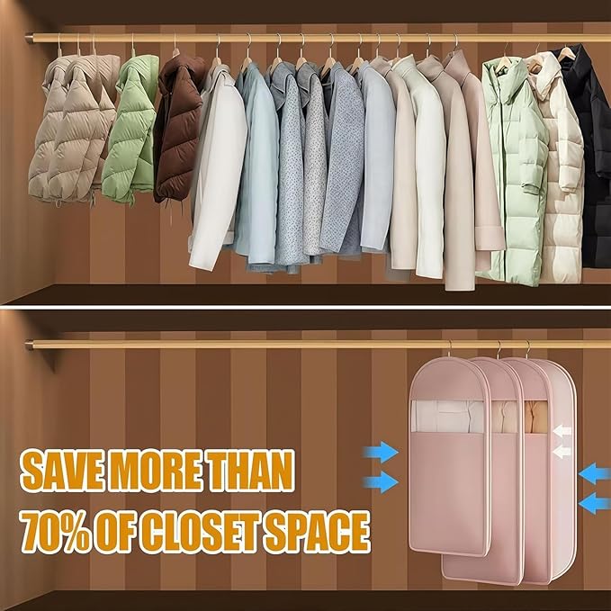 Space Saving Hanging Garment Bag With Self Compression Zipper,Garment Bags for Travel,Dust Cover for Coats Down Jackets, Closet Clothes Organizer with Clear Window (Beige, M+L+XL)
