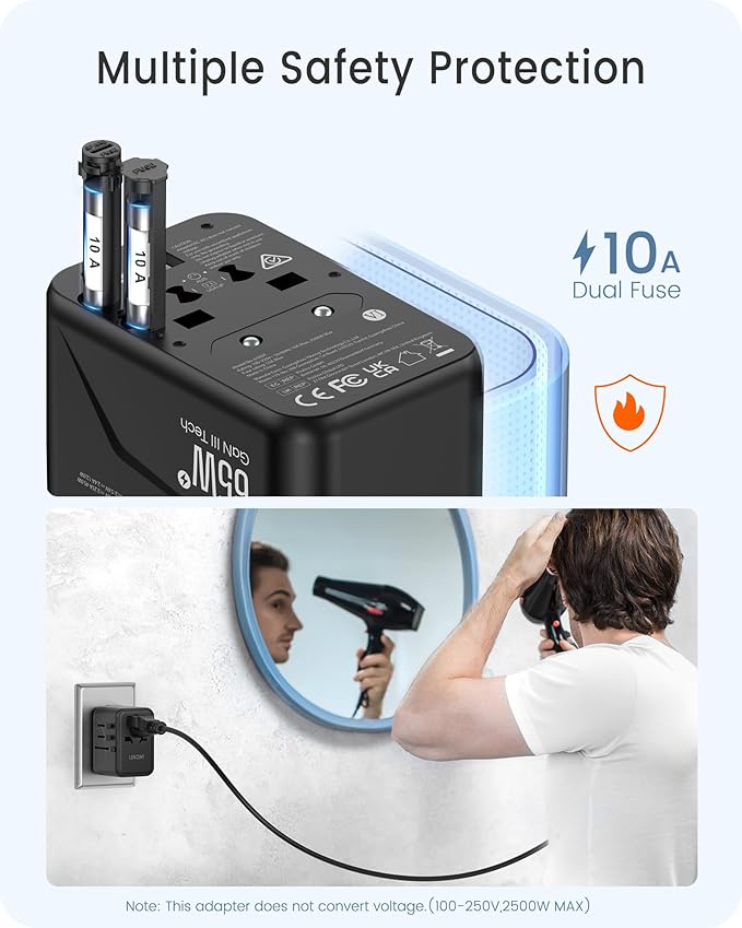 LENCENT Universal Travel Adapter, GaN III 65W International Charger with 2 USB Ports & 3 USB-C PD Fast Charging, All in One Outlet Adaptor for iPhone,Laptops, Type A/C/G/I (USA/UK/EU/AUS)