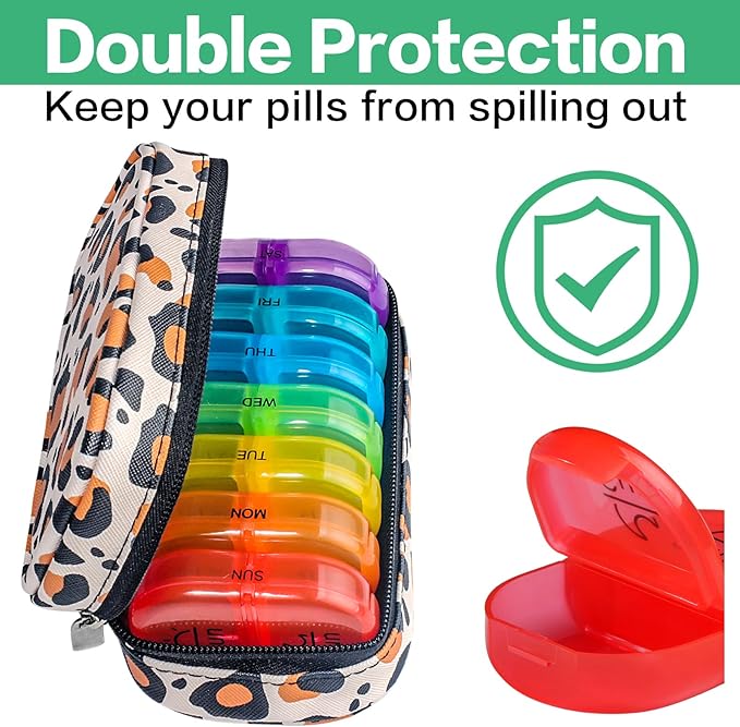 Serfeymi Weekly Travel Pill Organizer 2 Times A Day AM PM Upgraded Rainbow Pill Box 7 Day with Portable Zipper PU Leather Pill Case, Medicine Organizer for Pills, Vitamins, Fish Oils - Brown 02