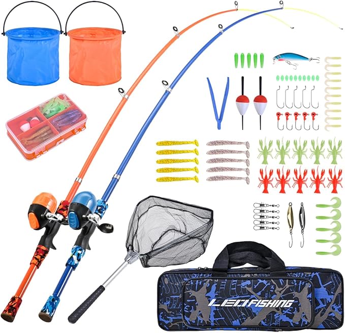 LEOFISHING Portable Kids Fishing Rod Set 2Pack Telescopic Fishing Poles for Boys and Girls Fishing Rod and Reel Combos with Full Kits Fishing Net and Bucket for Toddler Youth