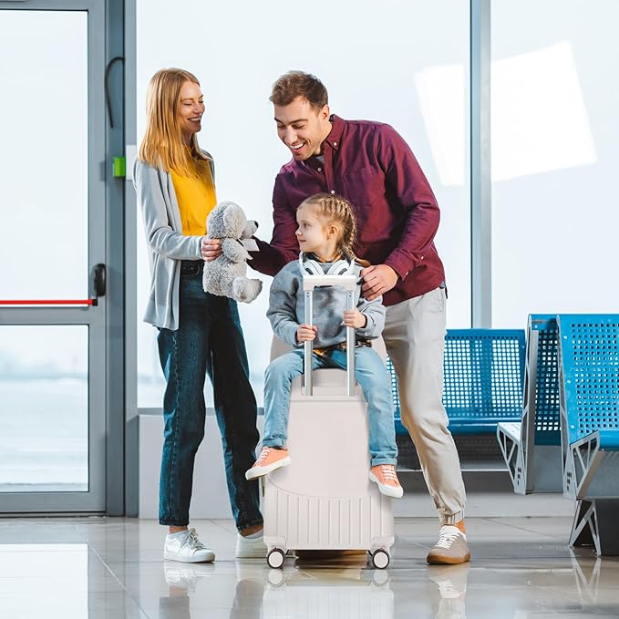 22 Inch TSA Lock Luggage with Seat for Adults and Kids,Check in Lockable Spinner Wheels Suitcase with Belt and Cover (TSA Luggage with Child Seat White)