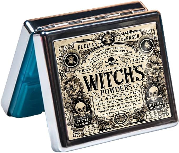 Cute and Portable Metal Pill Organizer – 8 Compartments, Elegant Chrome Finish, Ideal for Travel and Daily Use (Witch's Powders Vintage)
