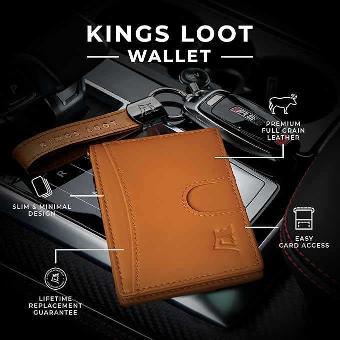 Kings Loot Custom Wallet for Men | Engraved Leather Slim Wallet with Money Clip | Personalized RFID Blocking Design | Minimalist & Stylish Wallets (Cognac)