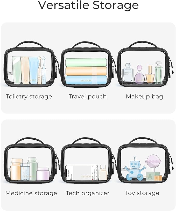 BAGSMART Clear TSA-Approved Toiletry Bag, Puffy Edges Travel Makeup Bag, Large Opening with Handle, Clear Cosmetic Bag with Double Zipper for Women