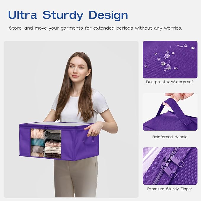 Clothes Storage Bags, Foldable Thick Fabric Blanket Storage Bags, Large Clear Window & Carry Handles, Great for Clothes, Blankets, Closets, Pillows, Toys (Purple, 6PACK)
