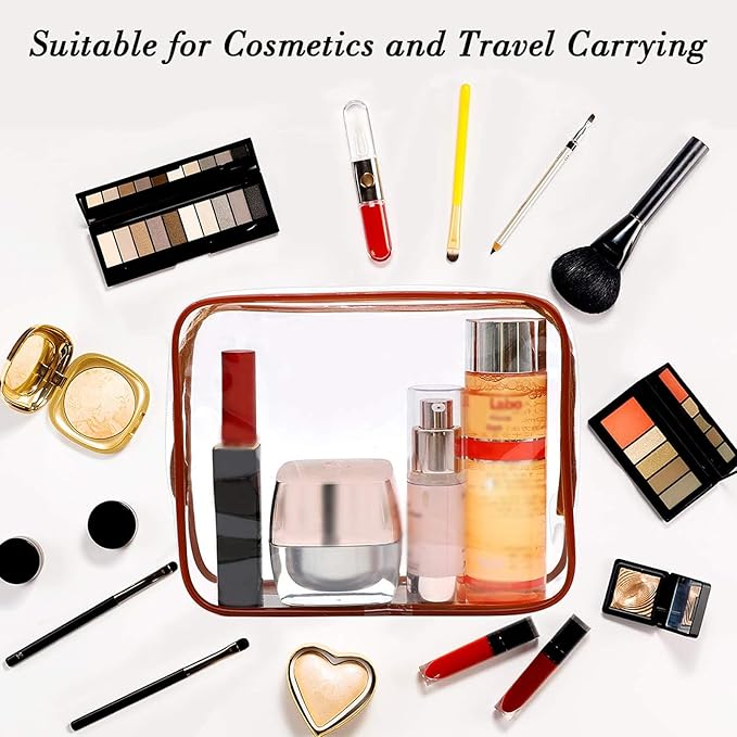 APREUTY Clear Makeup Bags, TSA Approved 6Pcs Cosmetic Makeup Bags Set Clear PVC w/Zipper Handle Portable Travel Luggage Pouch Airport Airline Bags Bathroom (Coffee)