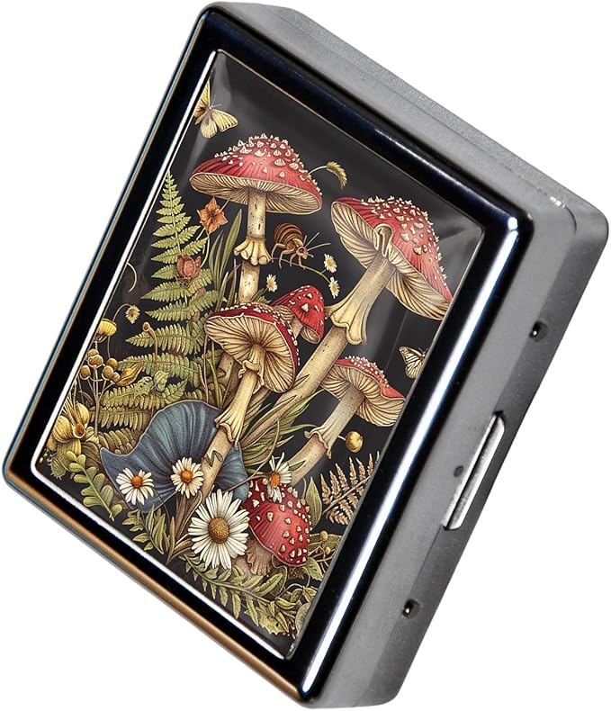 8‑Compartment Metal Pill Box Organizer – Portable Medicine Case 3″×2.6″ | Food‑Grade Dividers | Secure Snap Button Lid | Travel & Gift for Seniors (Enchanted Mushroom Grove)