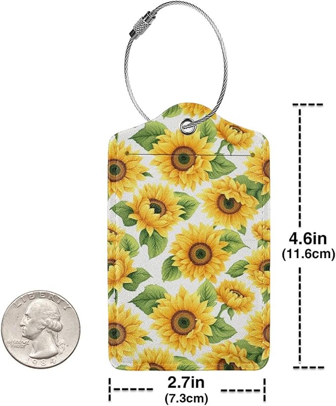 Lovely Sunflower Leather Luggage Tag with Stainless Steel Ring, Fun Name Id Card Cover Travel Bag Tag Set, Suitable for Travel Bag Luggage Women Men 2 PCS