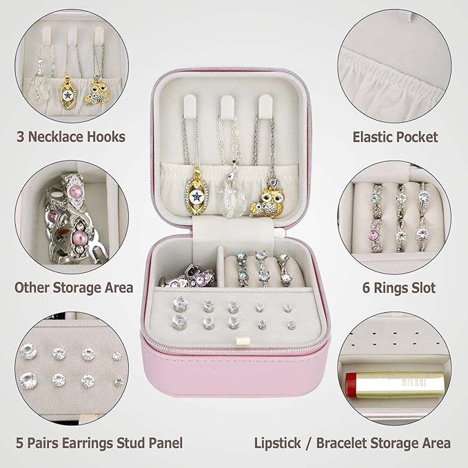 Travel Small Portable Mini Jewelry Box for Rings Earrings Necklaces and Lipstick Pink