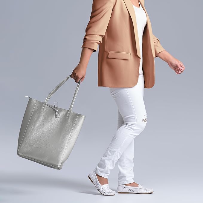 Italian Calf Leather Tote for Women with Zipper, Inner Pocket & Flat Base | Soft Unlined Shopper for Work & Travel