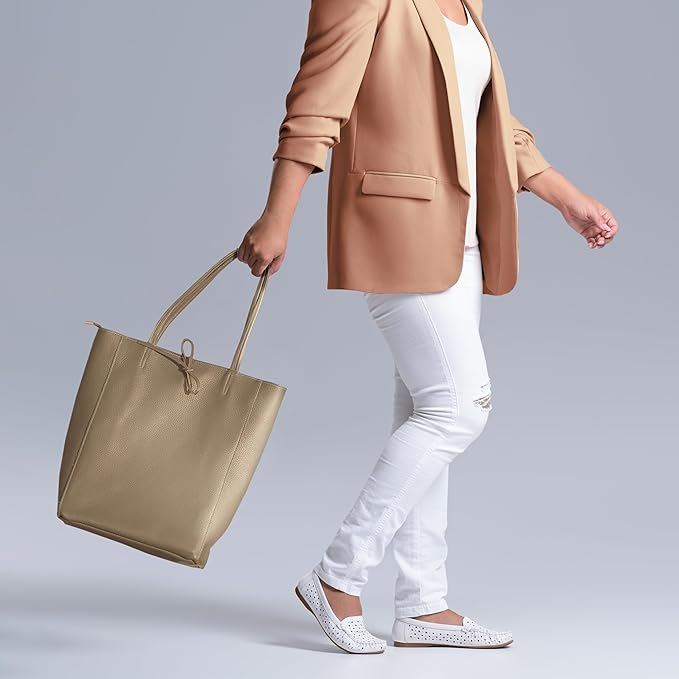 Italian Calf Leather Tote for Women with Zipper, Inner Pocket & Flat Base | Soft Unlined Shopper for Work & Travel