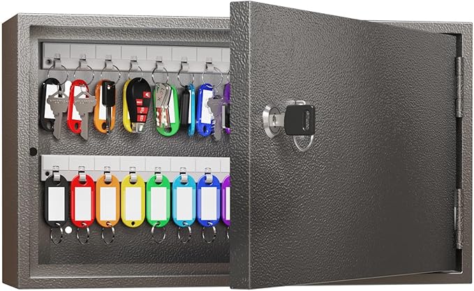 WeHere Key Lock Box for 60 Keys, Wall Mount Key Cabinet with Color Key Tags, Steel Key Storage Box with Lock, Key Holder Organizer for Home, Office, Apartment, Property Management