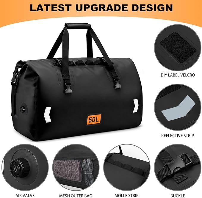 Waterproof Duffel Bag, 50L Roll-top Motorcycle Dry Bag with Air Valve & Quick-fixed Straps, Travel Duffle Bags for Kayaking Paddle Boarding Rafting Boating Camping Riding Fishing - Black
