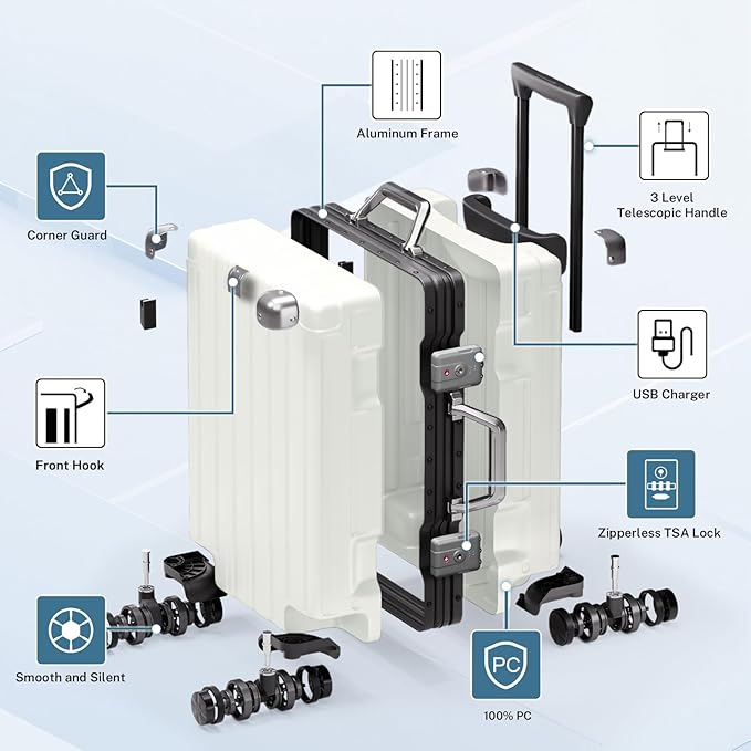 Krute Checked Aluminum Frame Suitcase 24 Inch Zipperless Luggages Hardside PC Luggage With Spinner Wheels TSA Lock USB Charger Suitcases(1 Piece)