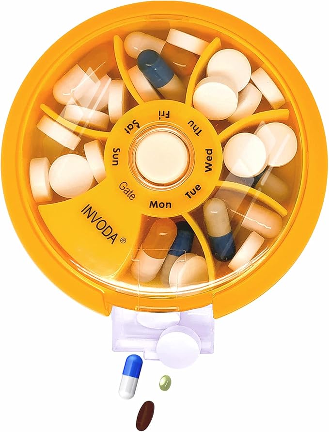 INVODA Weekly Pill Organizer 7 Compartment Rotating Pill Box for Daily Medication & Vitamins - Portable Travel Pill Case Fish Oil Supplements Vitamins Organizer (Green+Orange)