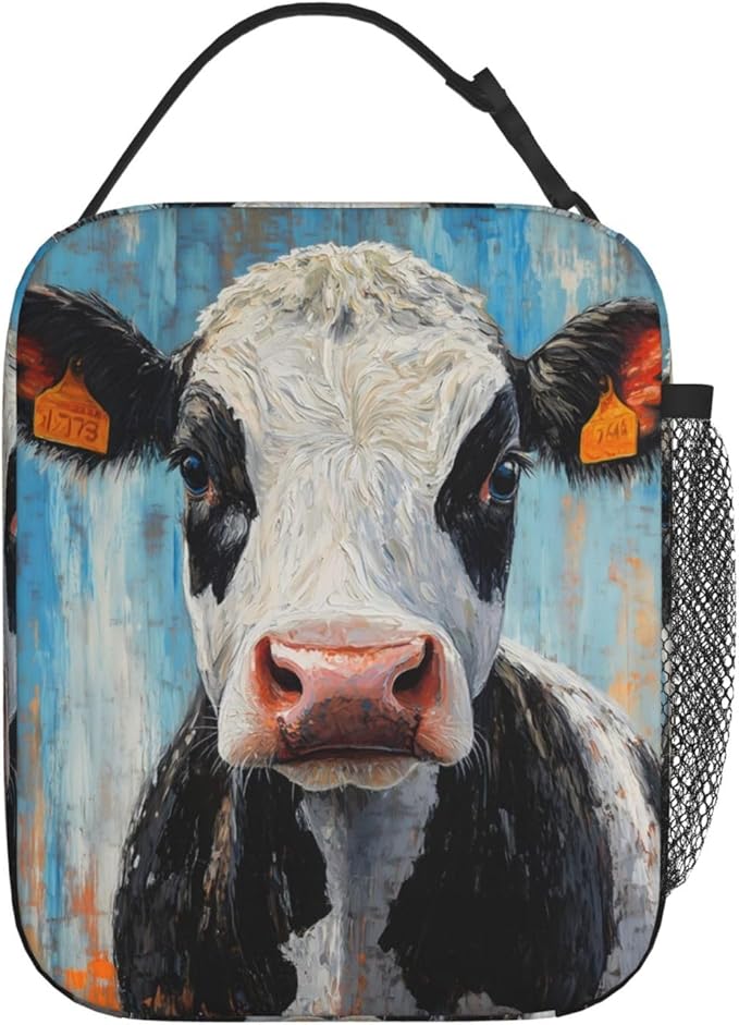 Cow Lunch Box for Kids Aldults, Realistic Animal Reusable Thermal Insulation Cooler Tote Bags, Black White Calf Pattern Insulated Bag for Student, School Picnic Camping Travel, Gifts