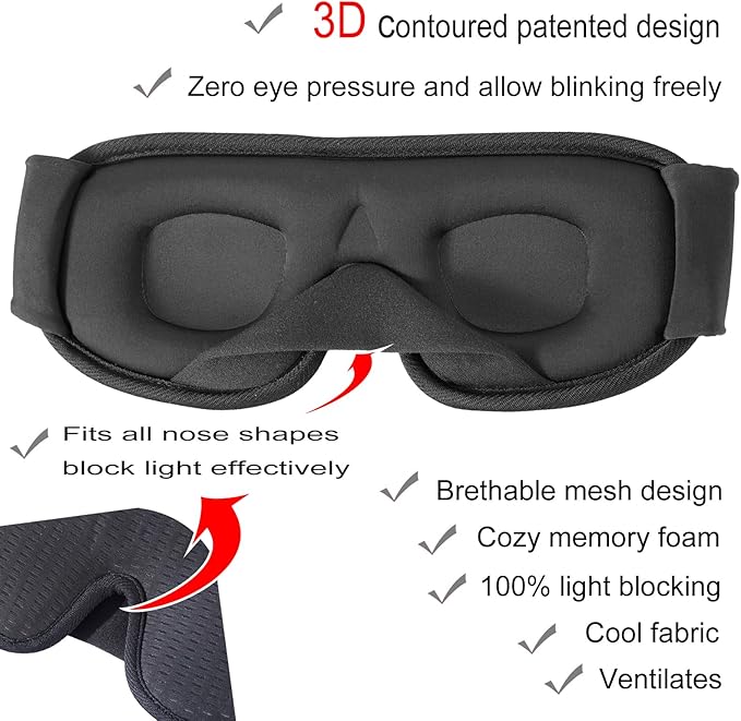 Sleep Mask for Men and Women 3D Contoured Eye Mask Patented Adjustable Light Blocking Night Mask for Sleeping (Black)