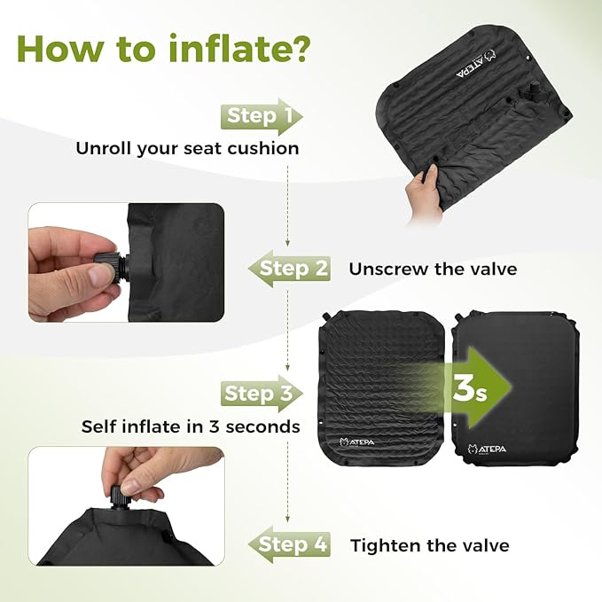 ATEPA Inflatable Stadium Seat Cushion, Self-Inflating Memory Foam Stadium Seats Bleacher Seat Chair Cushion Pad for Airplane Travel Backpacking Sports Events