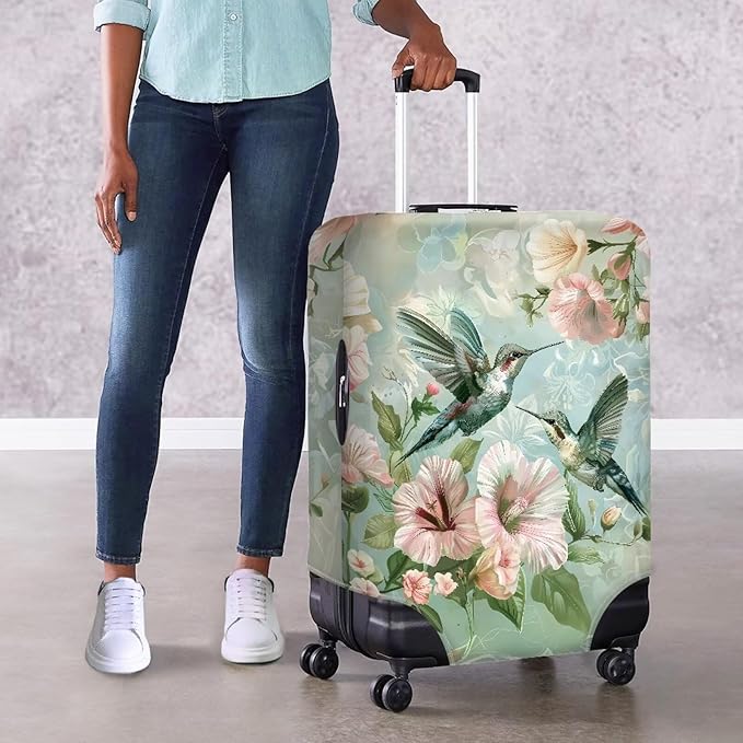 Hummingbird Luggage Cover for Women Travel Luggage Covers for Suitcase Elastic Spandex Suitcase Covers Protector with Zipper Flower Suitcase Covers for Luggage Fit 18-21 Inch