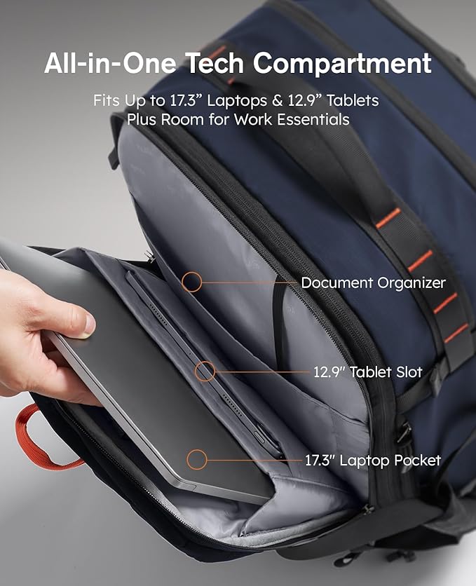 Tolaccea Travel Backpack with Garment Bag, Suit Carry On Backpack, TSA Flight Approved for Travel & Business Trips with Dual Laptop Storage for 17.3" and 12.9" & Extra Toiletry Bag, 45-55L Expandable