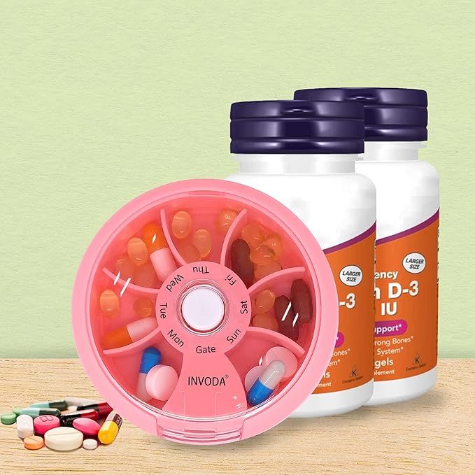 INVODA Weekly Pill Organizer 7 Compartment Rotating Pill Box for Daily Medication & Vitamins - Portable Travel Pill Case Fish Oil Supplements Vitamins Organizer (Pink)