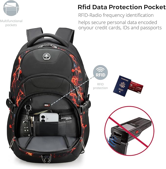 Swissdigital Laptop Backpack with USB Charging Port, Travel Backpack Fits 15.6 inches Computer, 31L Backpack for Men, Flame Red | SD803