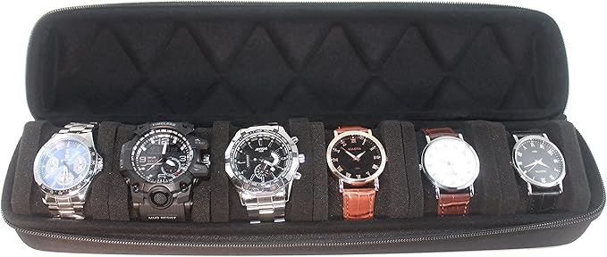 Watch roll travel case organizer for 6 watches, Storage Organizer and Display with innovative watch pillow, fit large up to 60mm faced watches (Black, 6 Slot)