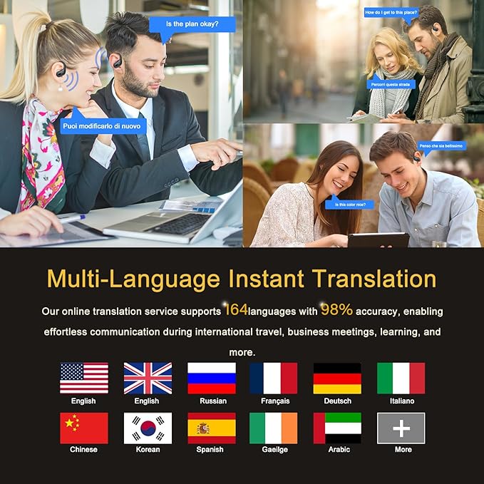 AI Translation Earbuds Real Time, 164 Language Translator Earbud 3-in-1 Bluetooth 5.4 Translator Earbuds with 6 Translation Modes, 75H Translators Headphones with APP for Travel Business, Black