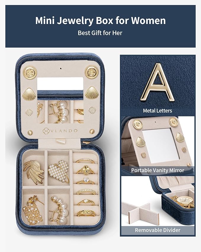 Vlando Travel Gifts 2025, Travel Jewelry Case for Girl Women, A Initial Jewelry Case, Mini Jewelry Travel Organizer Travel Essentials Gifts for Friend Teen Girls - Letter A, Dark Blue