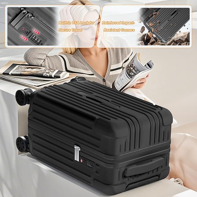 Krute Luggage Sets 2 Piece Suitcase with Spinner Wheels PC+ABS Hardside Suitcases Charging Port TSA Lock Carry On Luggage with Cup Holder 20+28 Inch