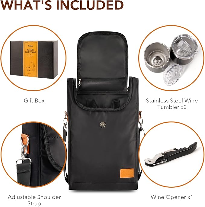 3 Bottle Wine Tote Bag with Wine Tumblers and Wine Opener, Wine Gifts for Women, Portable Wine Carrier Purse with Shoulder Strap for Travel/Picnic/Beach/Pool/Events/Hiking, Black