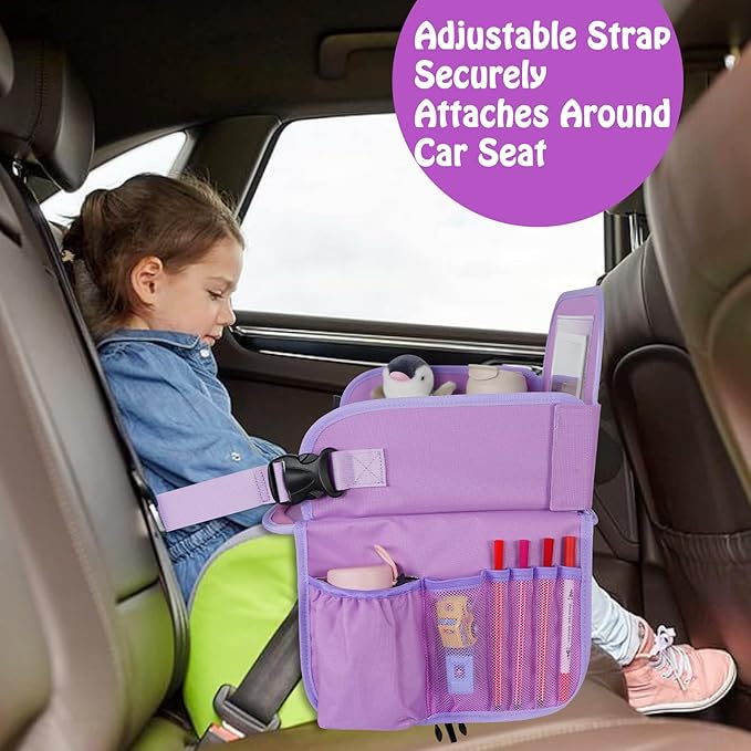 MENZOKE Car Seat Tray for Kids Travel, Kids Travel Tray with Educational Drawing Board, Tablet Holder & Cooler Cup Holder, Holiday Gifts for Car Trip, Purple