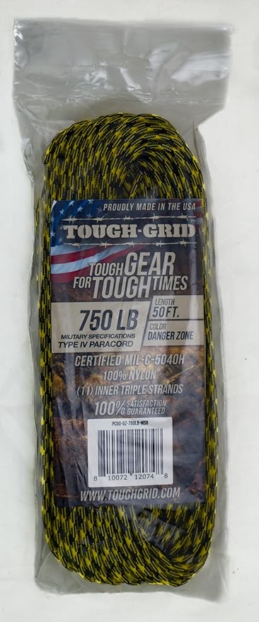 TOUGH-GRID 750 Paracord Rope Nylon Parachute Cord, Made in USA Survival Kit, Outdoor Adventures, Camping, Tactical Gear & Emergency Supplies, Military Type IV Mil-Spec