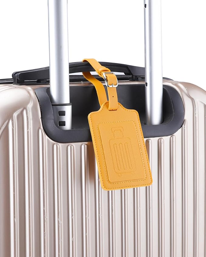 Teskyer Luggage Tags for Suitcases, TSA Approved with Privacy Protection Cover, Premium Faux Leather Bag Tags for Travel - 2 Pack, Yellow