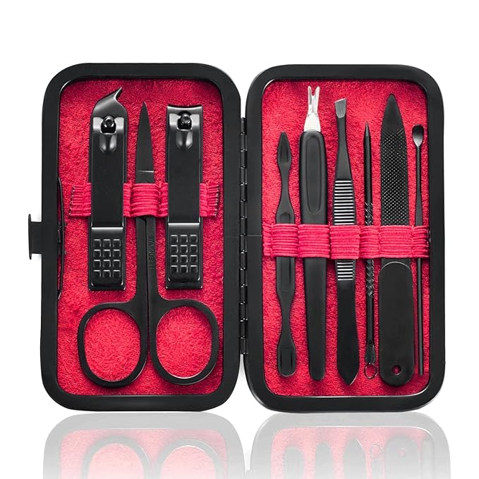 Manicure Set 9 in 1 Stainless Steel, Nail Clippers Scissors Pedicure Tools Kit - Portable Travel Grooming Kit for Men and Women with Black/Red Leather Case (Red)