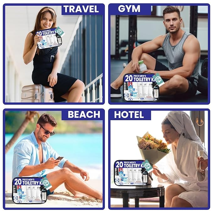 Trektote Travel Toiletry Kit for Men and Women – 20 Piece Set of Travel Size Toiletries, TSA Compliant, Includes Shampoo and Conditioner, Body Wash, Toiletry Bag & More (Pack of 3)