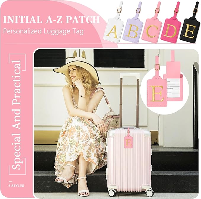 Personalized Initial Luggage Tags for Suitcase, Pink Leather Cute Luggage Tags with Privacy Cover Name Card, Embroidered Custom Monogrammed Luggage Tag Travel Bag Baggage Tags Gifts for Women Kids(E)