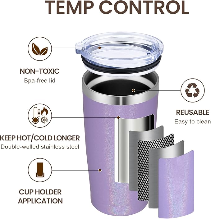 MEWAY 20oz Tumbler Double Wall Vacuum Insulated Travel Glitter Mug,Stainless Steel Tumblers with Lid and Straw, Powder Coated Coffee Cups for Woman (Rainbow Purple,1)
