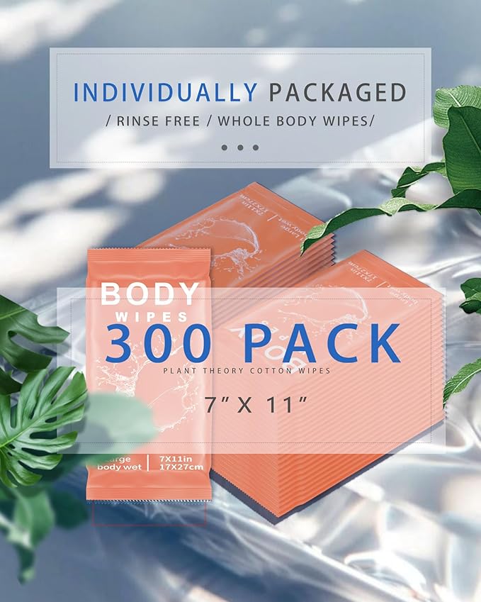 FUMMI 300 Pack Body Wipes – Large Individually Packaged Bath Wipes for Adults, Travel, Gym, Camping, Elderly, Bedridden – No Rinse Bath Wipes, Moisturizing & Refreshing Clean