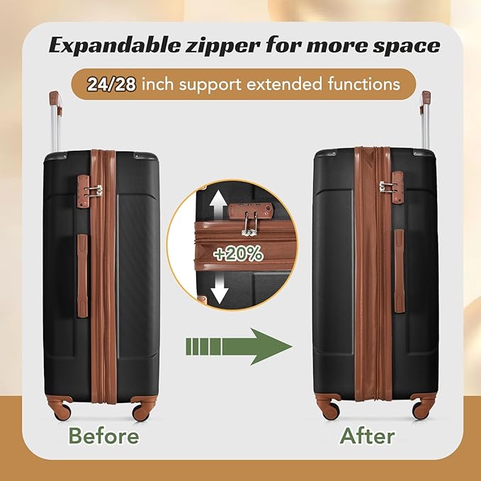 Merax Luggage Sets 2 Piece Suitcases with Wheels, Hardshell ABS Expandable and Lightweight, TSA Lock, Spinner Wheels, Carry On Luggage with Corner Guards (20 28 inch Black Brown)
