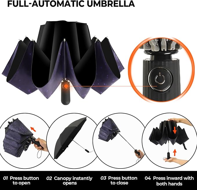 Compact Inverted Travel Umbrella, Automatic Open Close, 9-Rib 46 Inch Windproof Umbrella, Waterproof UPF 50+, Portable Umbrellas for Men, Women, Travel, and Daily Use