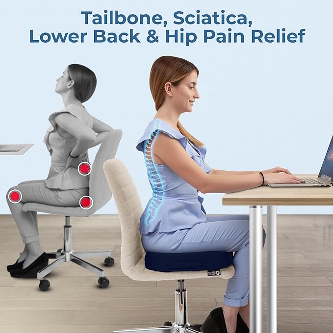 5 STARS UNITED Seat Cushion for Tailbone Pain Relief – Memory Foam Cushion for Coccyx, Hip, Hemorrhoid, Sciatica & Post-Surgery Recovery – Wheelchair, Car, Desk, Gaming & Office Chairs, D Blue