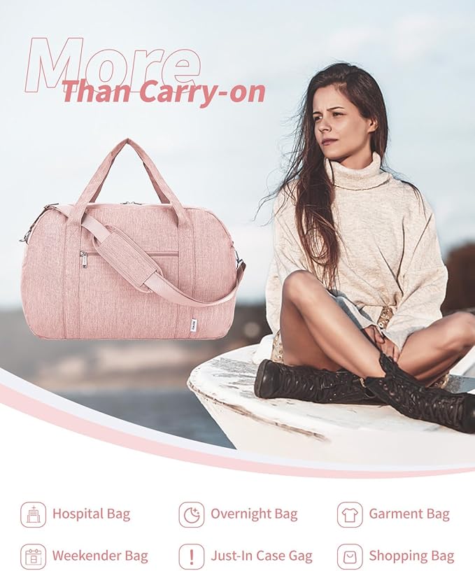 Narwey Carry on Bag 22x14x9 Airlines Approved, Carry on Duffle Bag for Airplane with Wet Pocket, Travel Duffel Bag Luggage Bag Weekender Overnight for Women Men (Pink)