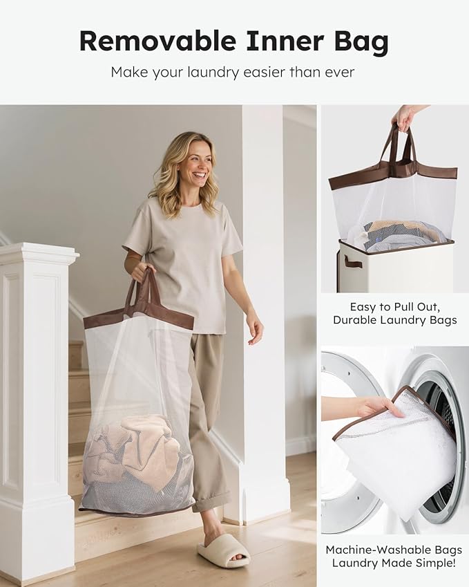 SOLEDI Laundry Hamper with Lid 100L Large & Tall Collapsible Laundry Basket, Clothes Hamper with Bag Removable Easy to Carry, Dirty Hampers for Bedroom, Bathroom, Dorm, College, Off-White