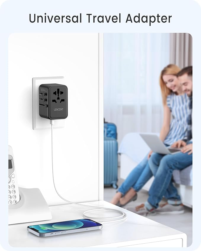 LENCENT Universal Travel Adapter, GaN3 65W International Charger with 2 QC4.0 USB-A+ 2 PD3.0 Type-C PPS Fast Charging, Worldwide European Outlet Adaptor for iPhone,Samsung,Laptops, USA/UK/EU/AUS
