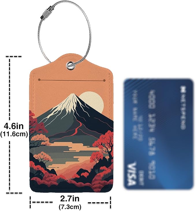 Mount Fuji 2-Pcs Premium Leather Tags with Privacy Covers,Luggage Tag Stainless Steel Loops Ideal for Suitcases, Travel Bags, Backpacks