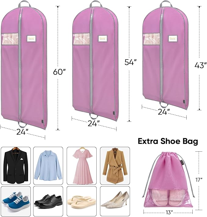BALEINE 2PK Heavy Duty Garment Bag with Shoe Storage Travel Bag for Dresses, Suit, Coats Travel Essential (54", Pink)