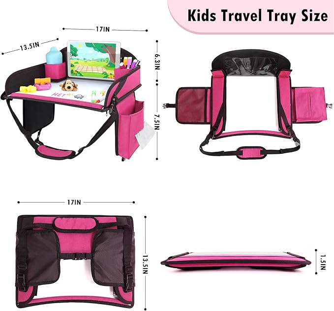 Kids Travel Tray for Airplane - Toddler Car Seat Table Tray, Road Trip Essentials for Boys & Girls, Carseat Lap Desk for Kids Road Trip Activities (Pink)