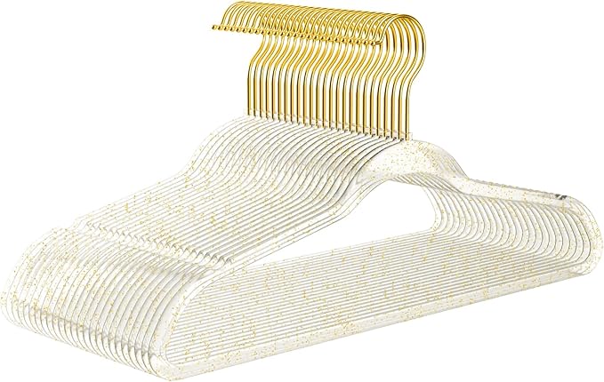 Premium Clear Invisible Acrylic Hangers,Crystal Plastic Hangers with Bling Gold Glitter 20 Pack Ultra Slim & Space Saving Suit Hangers for Coats, Pants & Dress Clothes